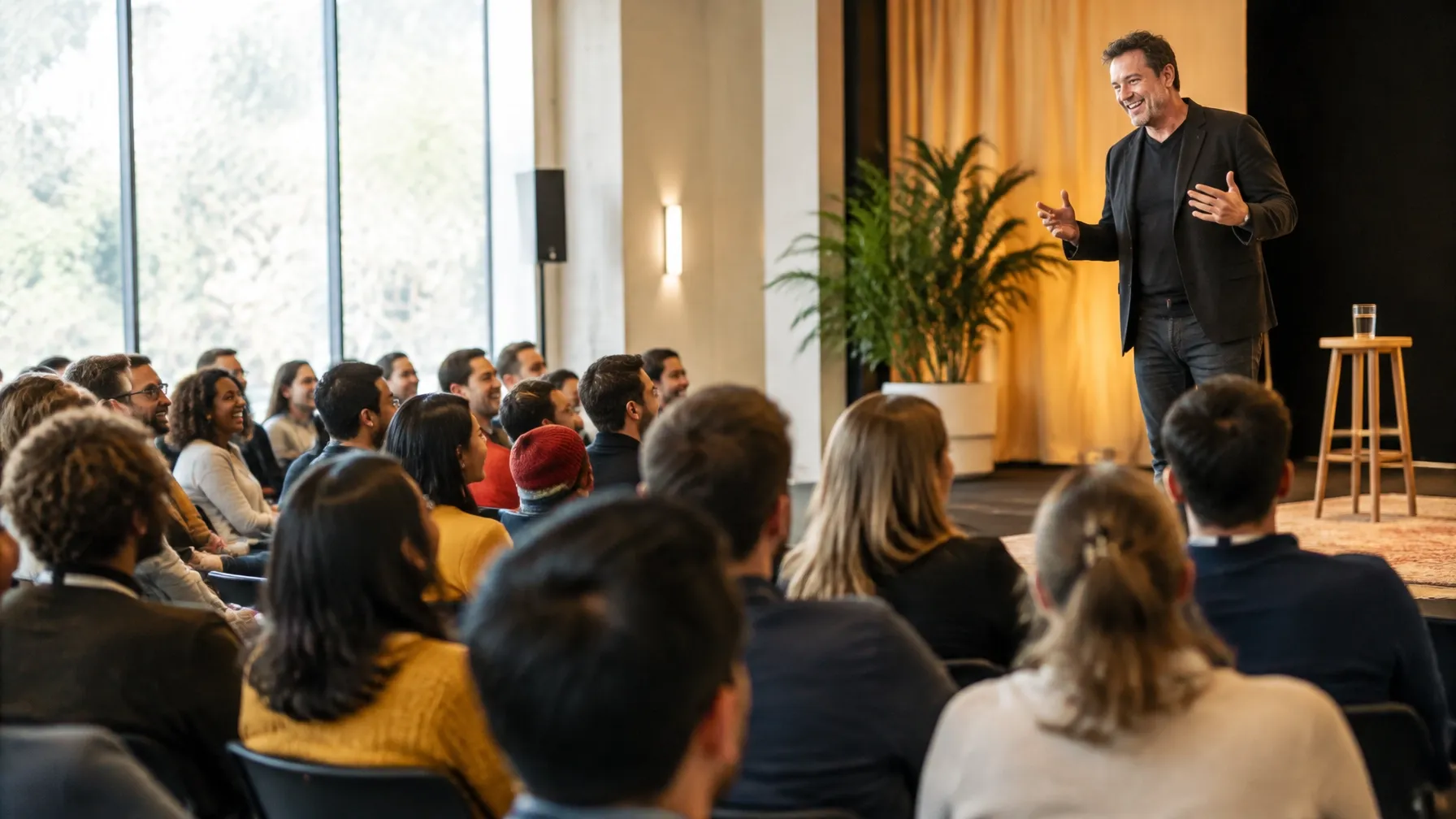 A speaker making a roomful of people laugh during a keynote