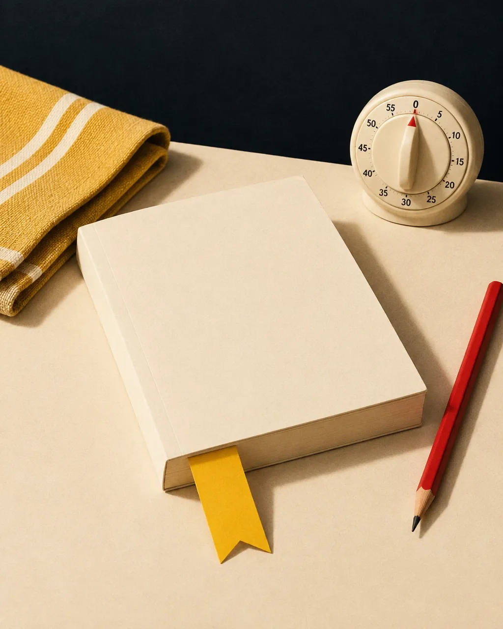 Blank book beside a kitchen timer, yellow bookmark and red pencil
