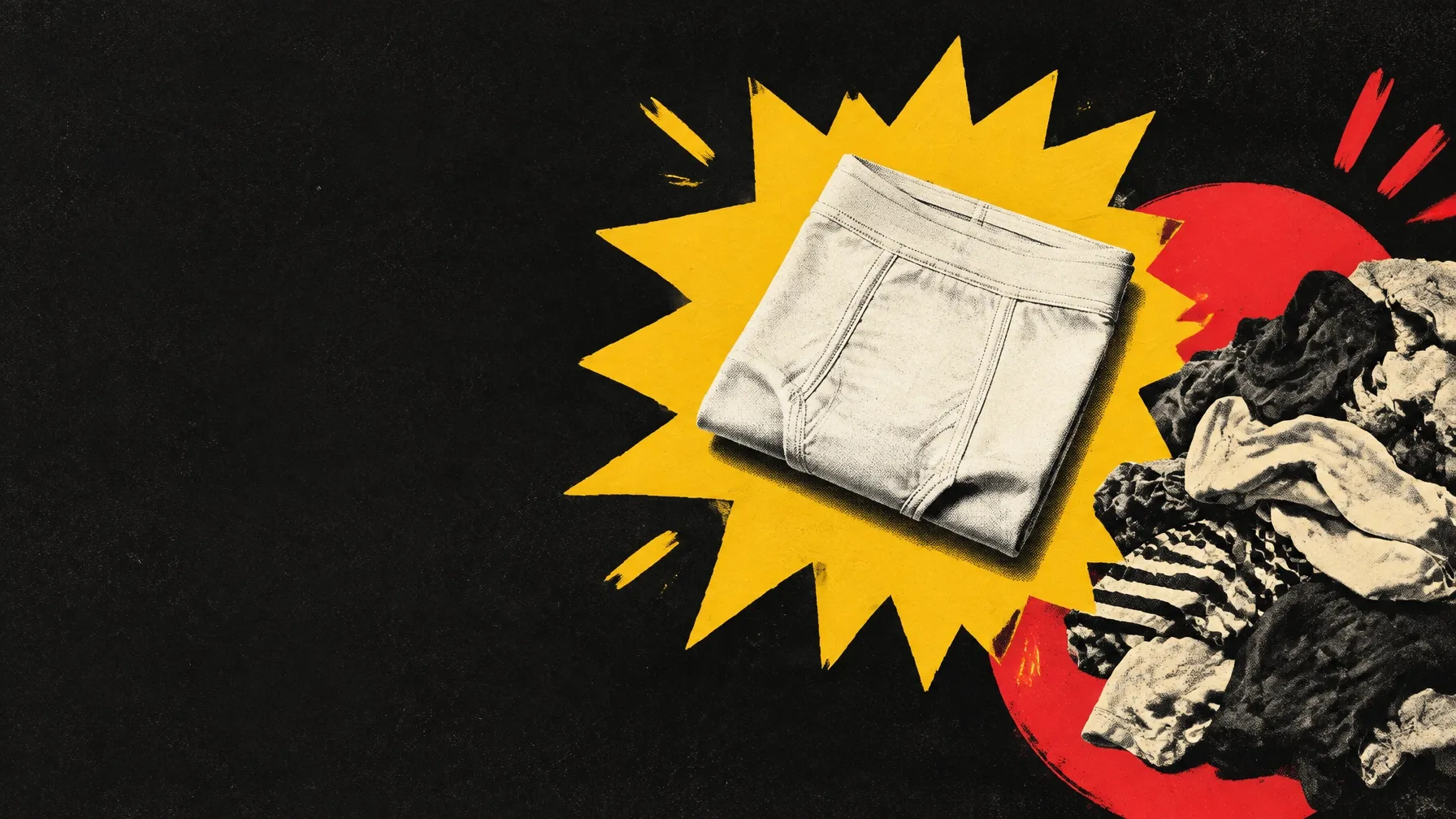 Screenprint-style poster showing a folded pair of jeans beside a pile of laundry